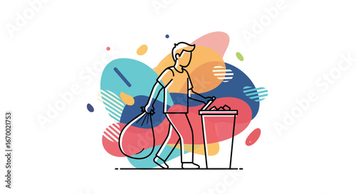 Man collecting trash bag near recycling bin