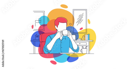 Man drinking coffee at desk, modern workspace, outline style