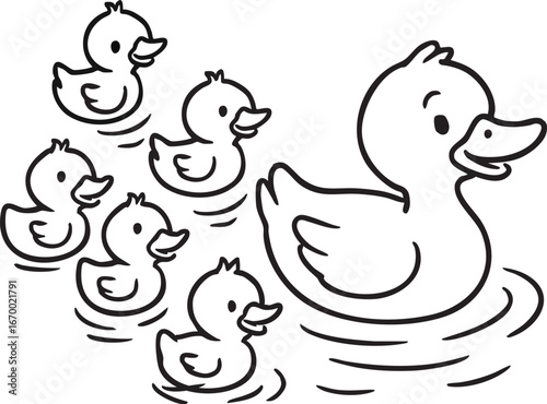 Cartoon ducks swimming in a line, black and white vector illustration of parent and ducklings for children and nature themes