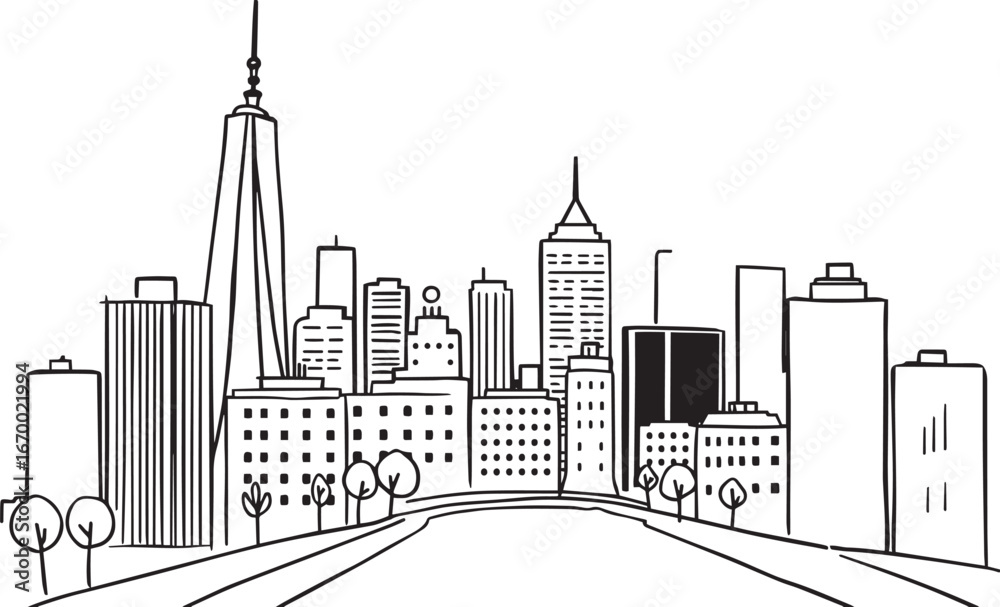 Obraz premium City landscape. Line urban backdrop. Different buildings on street, doodle street draw, outline cityscape hand sketch, flat houses. Hand drawn vector illustration