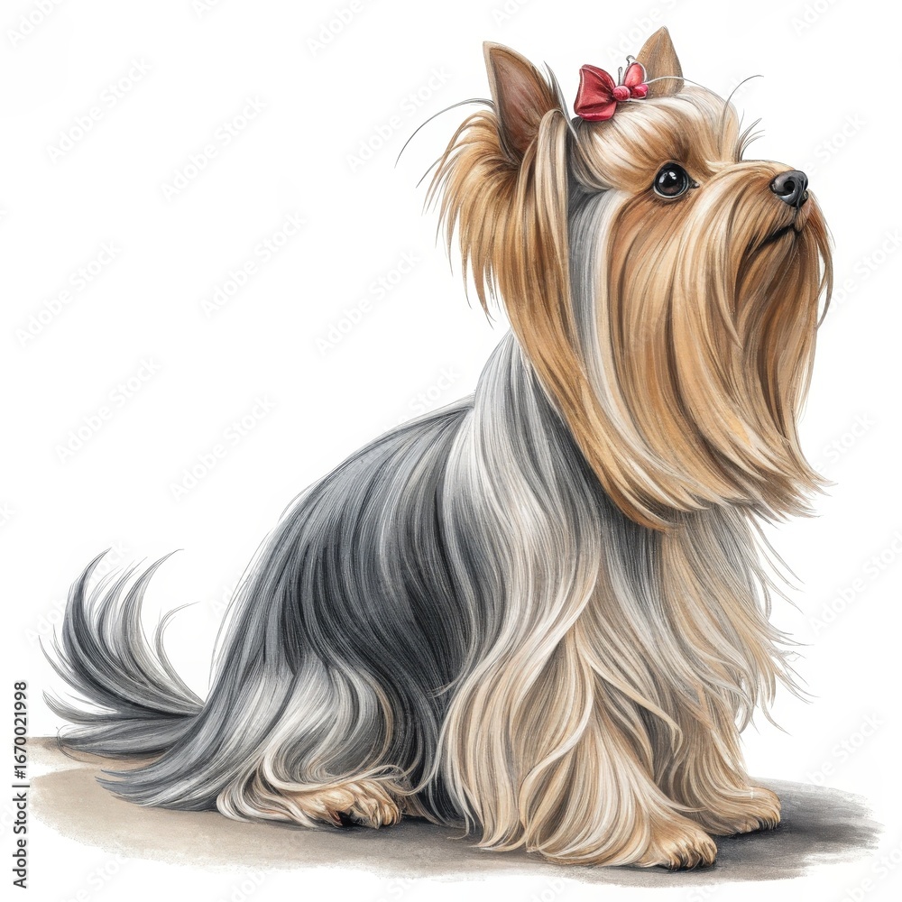 Naklejka premium Cute Yorkshire Terrier with Red Bow Illustration