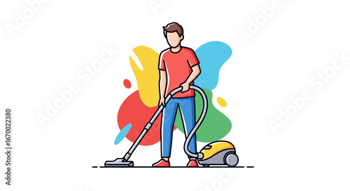Man vacuuming floor, cleaning home, domestic chores