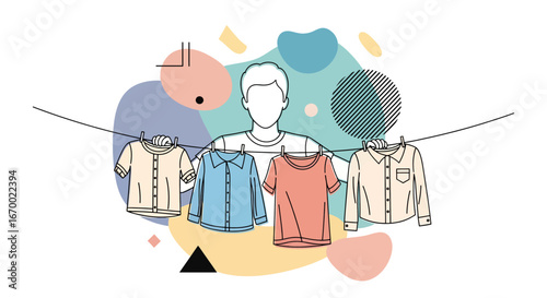 Man with clothesline shirts laundry drying simple style