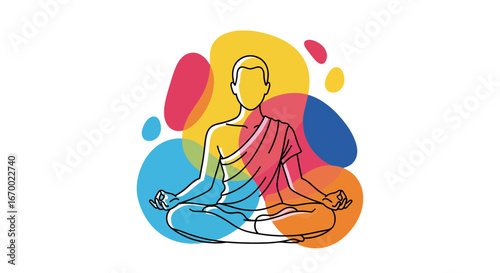 Meditating monk in lotus pose with colorful abstract shapes