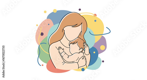 Mother and baby embrace, colorful abstract background