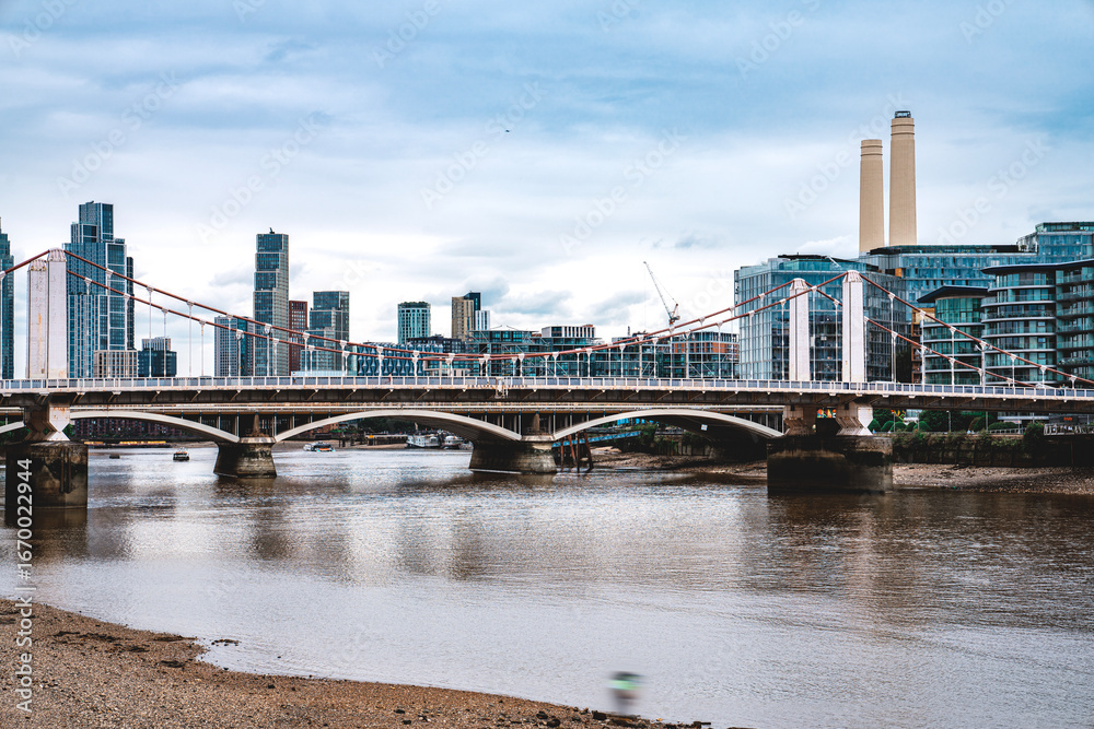 Naklejka premium Thames Riverside, Grosvenor Bridge, Nine Elms, Battersea, Wandsworth, London Urban Landscape, Historic British Industrial Architecture