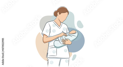 Nurse caring for newborn baby in medical scrubs