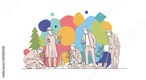 People planting trees together outdoors environmental conservation