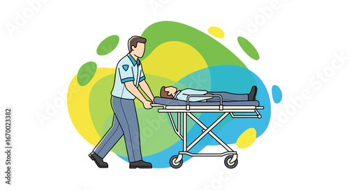 Paramedic pushing gurney with patient medical emergency