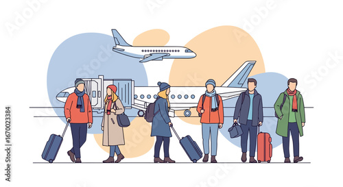 People traveling with luggage near airplane at airport