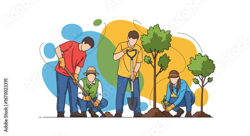 People planting trees together outdoors environmental conservation