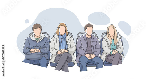 People waiting seated in a row, anonymous figures