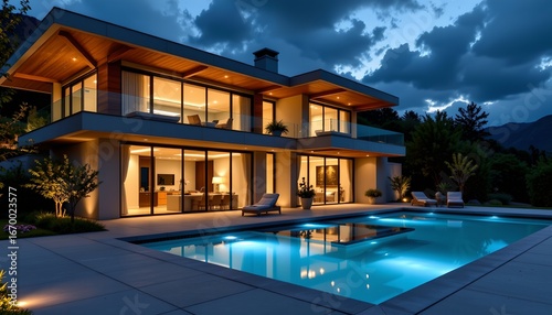 A modern two story residence at dusk. The house is well lit, with exterior lights illuminating its facade