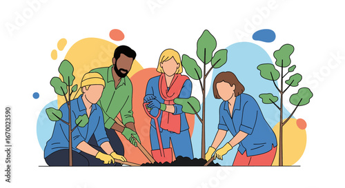 Planting trees together diverse group environmental conservation