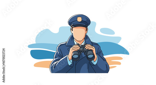 Police officer using binoculars, security, law enforcement