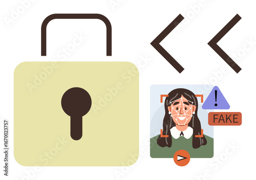 Padlock, arrows, face recognition scan, deepfake alert, and warning triangle. Ideal for cybersecurity, facial recognition, technology ethics, fraud prevention digital safety AI advancements simple