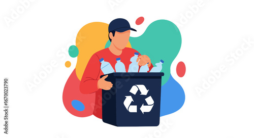 Recycling plastic bottles man putting in bin