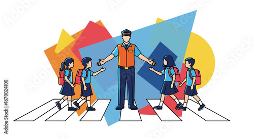School crossing guard helping children safely cross street