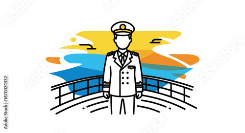 Ship captain standing on deck at sunset outline