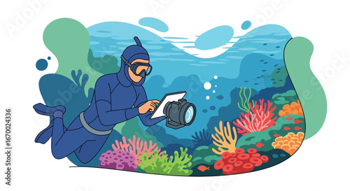 Scuba Diver Exploring Coral Reef with Underwater Camera