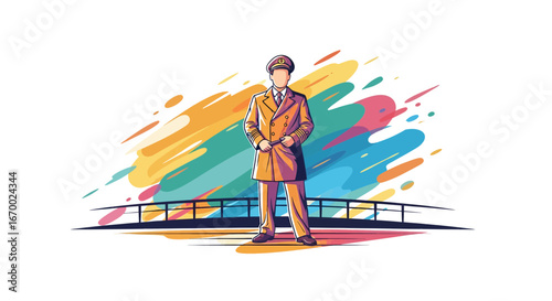 Ship captain standing on deck, colorful background