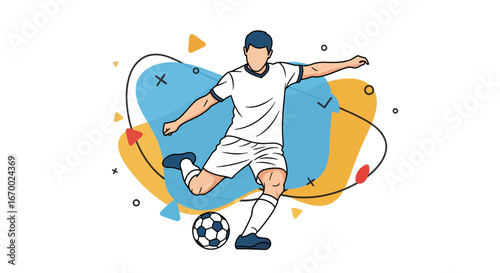 Soccer player kicking ball, dynamic action, sports concept