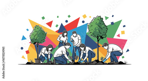 Team planting trees, environmental conservation, community effort
