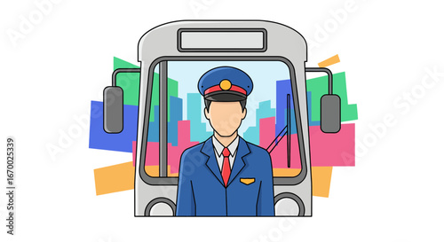 Train driver portrait in cockpit with city skyline background
