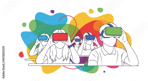 Virtual reality headsets group people immersive experience learning