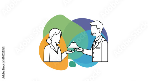 Waiter serving food to customer, outline style