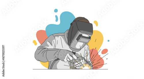 Welder working with sparks, industrial process, metal fabrication
