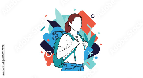 Woman with backpack, abstract background, casual style