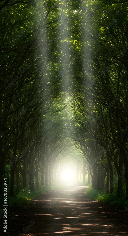 Obraz premium Sunbeams Illuminate Mystical Forest Path.