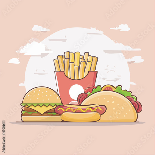 Assorted fast food items arranged on a light pink surface with a bright sun behind them, creating a cheerful and inviting scene.