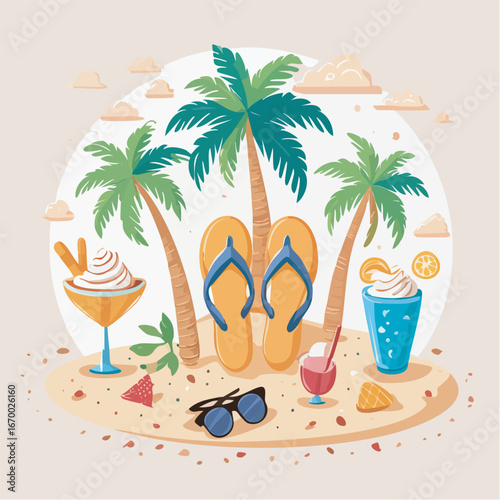 Sandy beach scene displays refreshing drinks and flipflops under palm trees, creating a relaxing tropical vacation vibe.