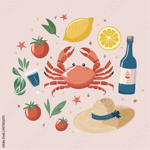 Crab surrounded by fresh tomatoes, lemons, wine, and a straw hat creates a summery, coastal scene evoking relaxation and seaside dining.