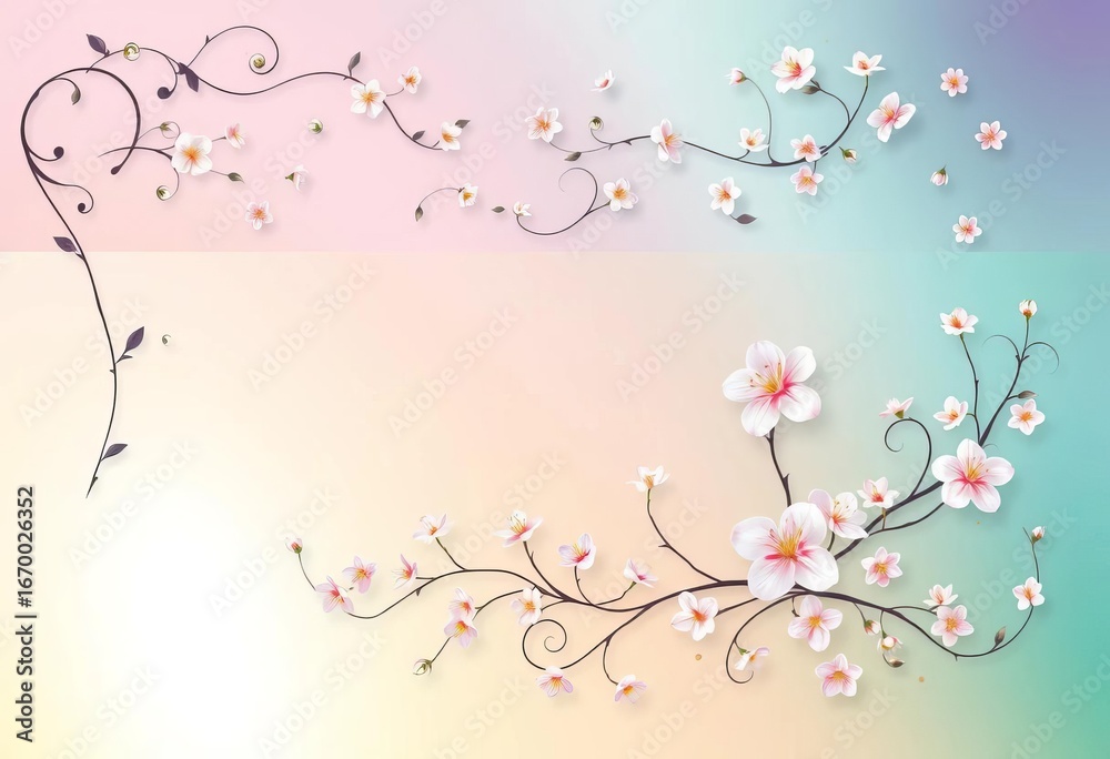 Fototapeta premium Elegant floral banners with swirling vines and delicate blossoms, perfect for springtime designs, invitation, border