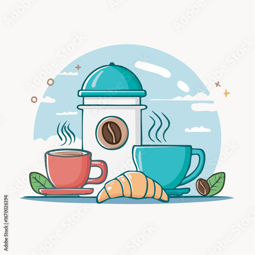 Coffee maker prepares beverage with cups and croissant on table in cozy cafe, creating a warm and inviting atmosphere for a relaxing morning.