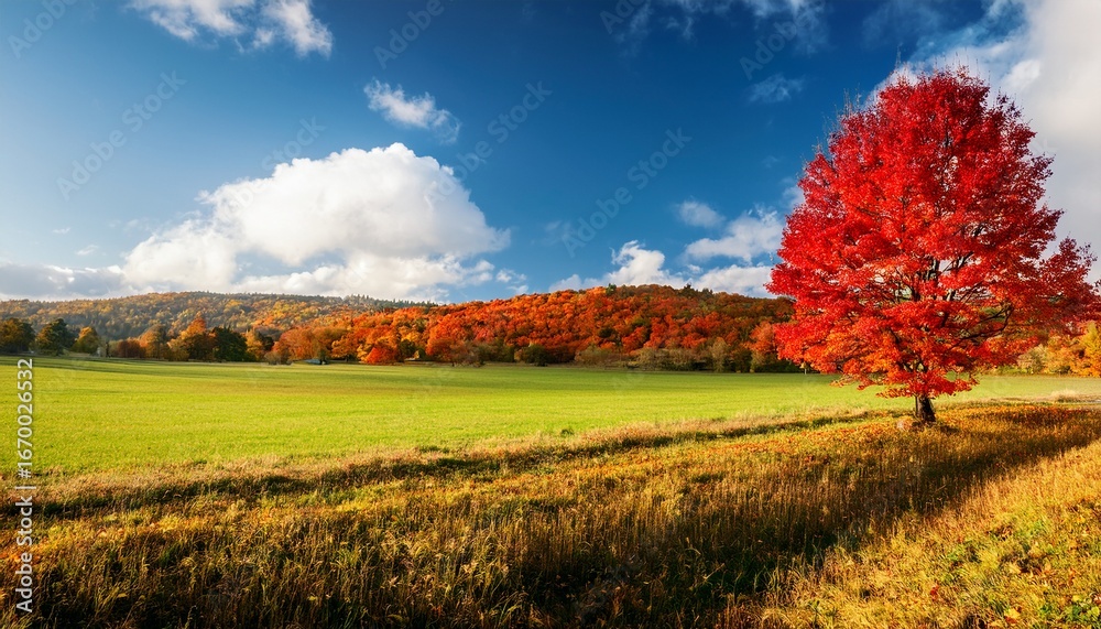 Fototapeta premium vibrant red maple tree surrounded by colorful foliage in an autumn landscape field