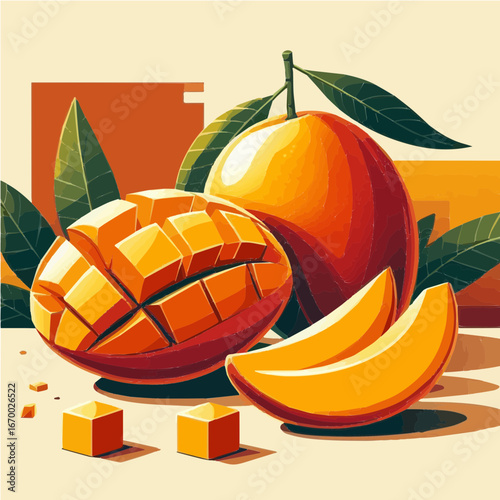 Digital vector-style illustration of ripe mangoes on a table 3