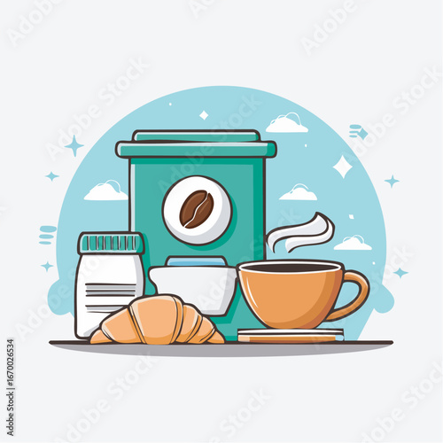 Coffee cup and croissant sitting near sugar and coffee container on table in cafe, creating a cozy and inviting breakfast scene.