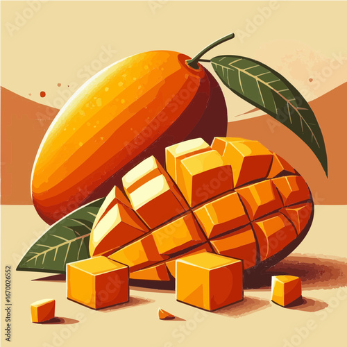 Digital vector-style illustration of ripe mangoes on a table  1