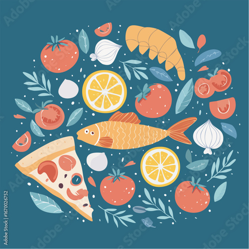 Colorful food items arranged in a circle including pizza, fish, tomatoes, lemon, and garlic against a blue backdrop creating a vibrant culinary composition.