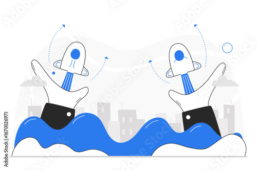 Two hands hold and launch rockets into the sky. The concepts of innovation, competition, and reaching for goals within business or startup. Clouds enhance upward movement. Vector illustration.