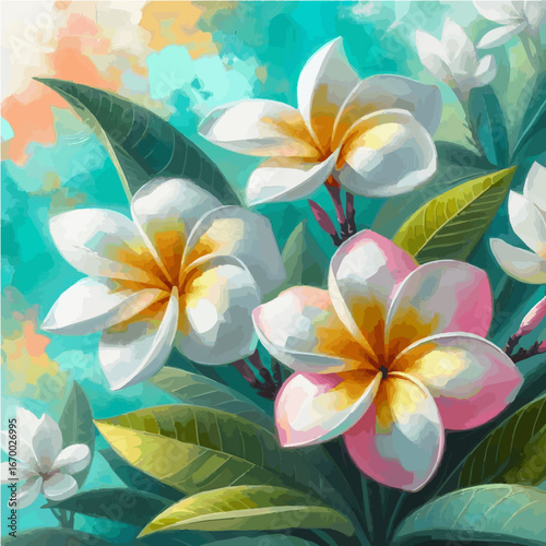 Painterly digital illustration of tropical plumeria flowers 2