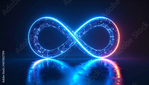 Illuminated Infinity Symbol Standing on a Reflective Surface, Futuristic Symbol of Infinity with Cyberpunk Lighting and a Mirrored Reflection
