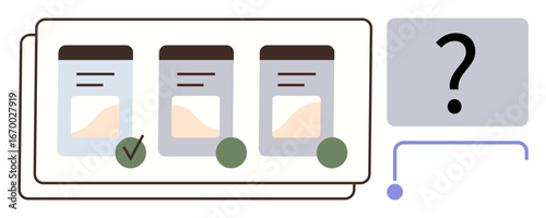 Three comparison cards with graphs, checkmark signifying selection, and connection to a question mark box. Ideal for decision-making, option sorting, process flow, analytics, strategy, solution
