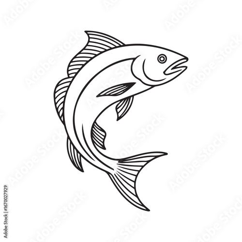 Elegant black and white line art illustration of a leaping fish