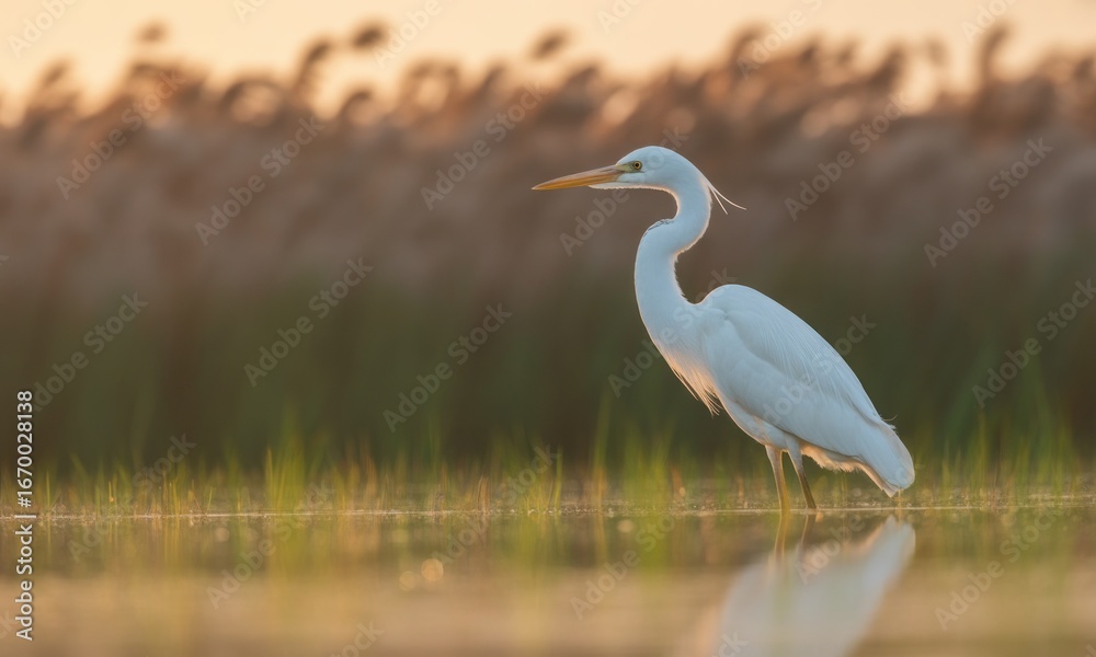 Fototapeta premium White heron at dawn, tranquil water