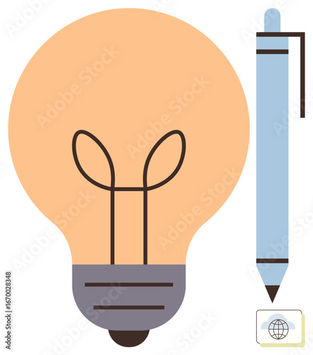 Light bulb symbolizing innovation beside a blue pen representing writing and creativity. Ideal for education, brainstorming, innovation, productivity, planning, inspiration, communication. Simple